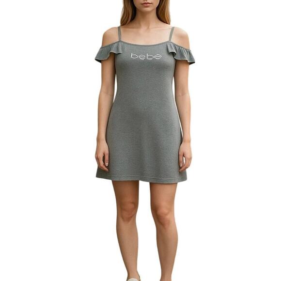 Bebe Gray Ribbed Knit Ruffle Strap Dress - Size S - Picture 1 of 7